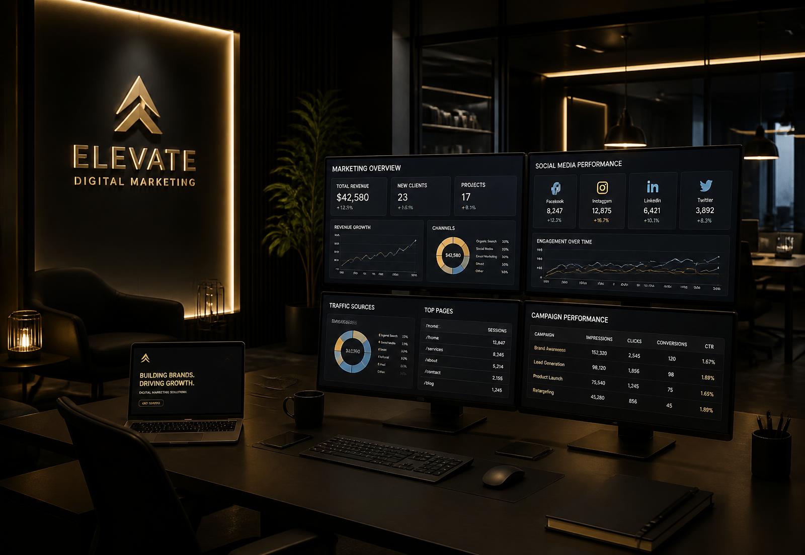 Ambiente de agência de marketing digital com dashboards em telas e iluminação dourada